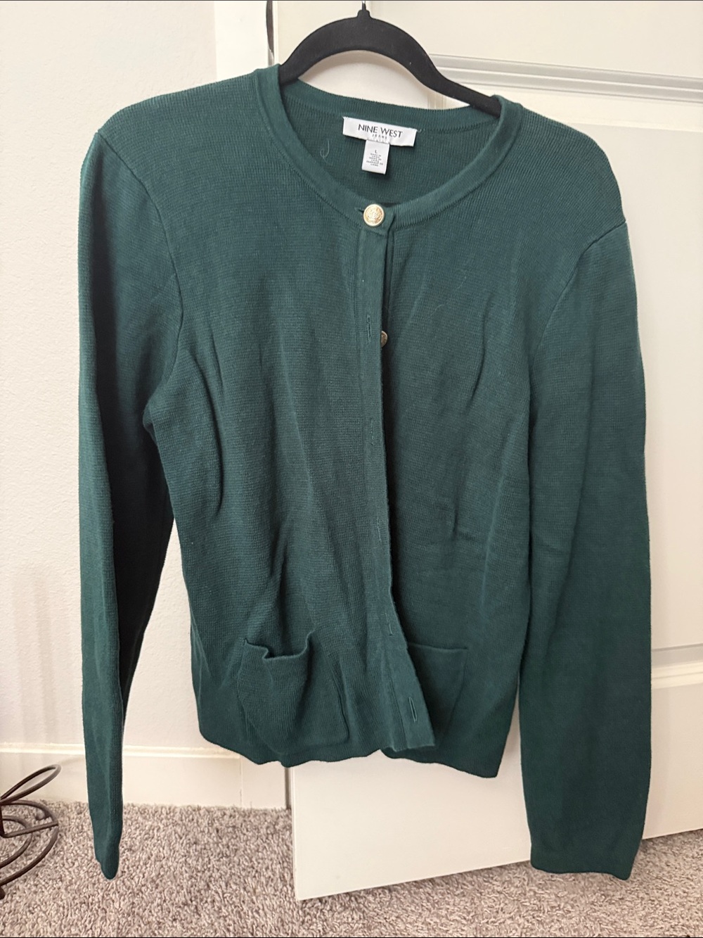 Nine West Dark Teal Button-Front Crewneck Cardigan